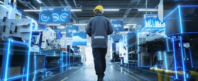 manufacturer walking on the floor of a smart facility